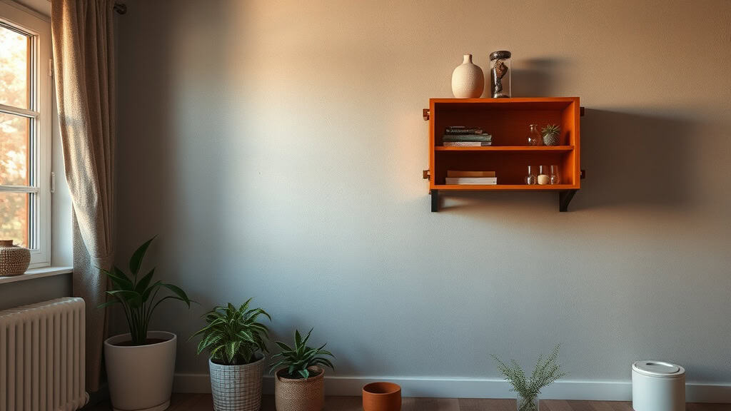 Photo d'un intérieur résidentiel avec un mur blanc, une étagère orange, des plantes en pot et une fenêtre laissant entrer la lumière naturelle.