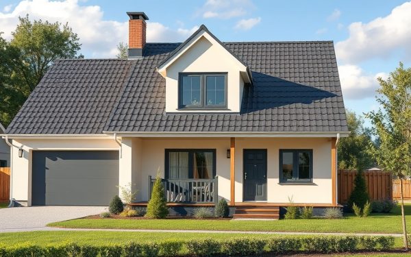 Vue d'ensemble d'une maison moderne avec extension, façade élégante, toit en tuiles, porte d'entrée accueillante, et jardin bien entretenu, idéale pour projets d'aménagement extérieur.