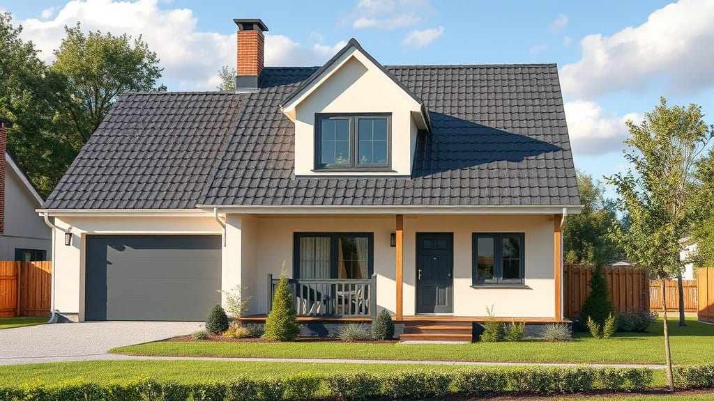 Vue d'ensemble d'une maison moderne avec extension, façade élégante, toit en tuiles, porte d'entrée accueillante, et jardin bien entretenu, idéale pour projets d'aménagement extérieur.
