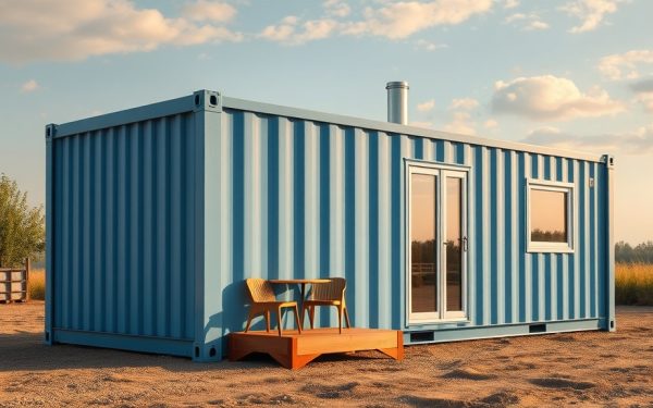 Conteneur en métal bleu avec porte vitrée et petite terrasse en bois, idéal pour aménagement extérieur, bureau ou espace de stockage. Conception robuste et moderne pour projets d'aménagement extérieur.