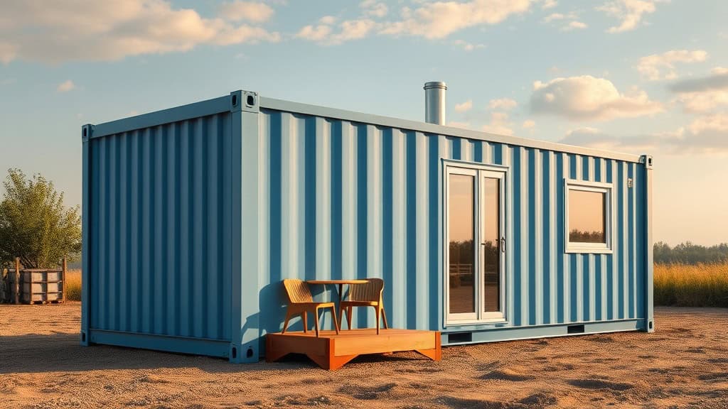 Conteneur en métal bleu avec porte vitrée et petite terrasse en bois, idéal pour aménagement extérieur, bureau ou espace de stockage. Conception robuste et moderne pour projets d'aménagement extérieur.