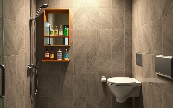 Portez attention à cette salle de bain contemporaine équipée d'une douche, d'une toilette suspendue et d'étagères en bois pour le rangement. Design épuré et matériaux modernes pour un espace fonctionn.