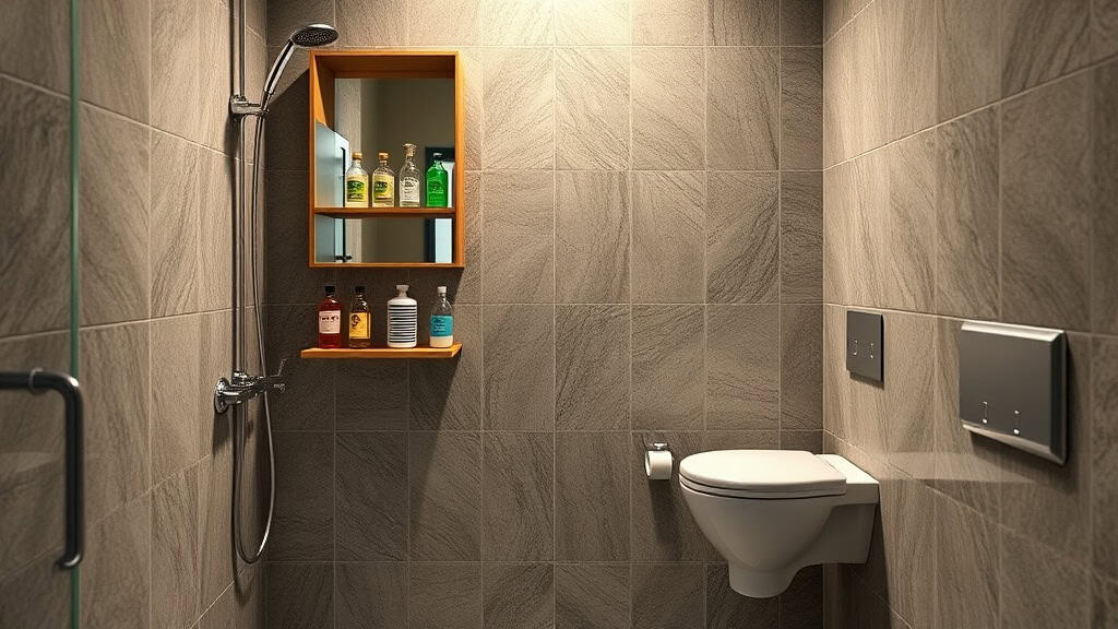 Portez attention à cette salle de bain contemporaine équipée d'une douche, d'une toilette suspendue et d'étagères en bois pour le rangement. Design épuré et matériaux modernes pour un espace fonctionn.