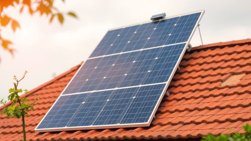 Panneau solaire photovoltaïque installé sur une toiture en tuiles rouges, illustrant une solution d'énergie renouvelable pour l'extérieur.