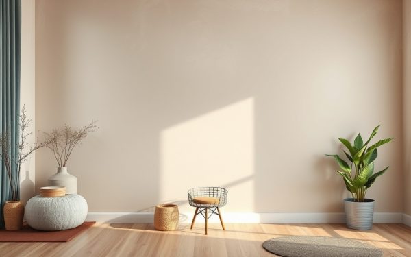 Vue d'un espace extérieur minimaliste avec un sol en bois, une grande plante verte en pot, et un mobilier simple, parfait pour un aménagement extérieur contemporain.