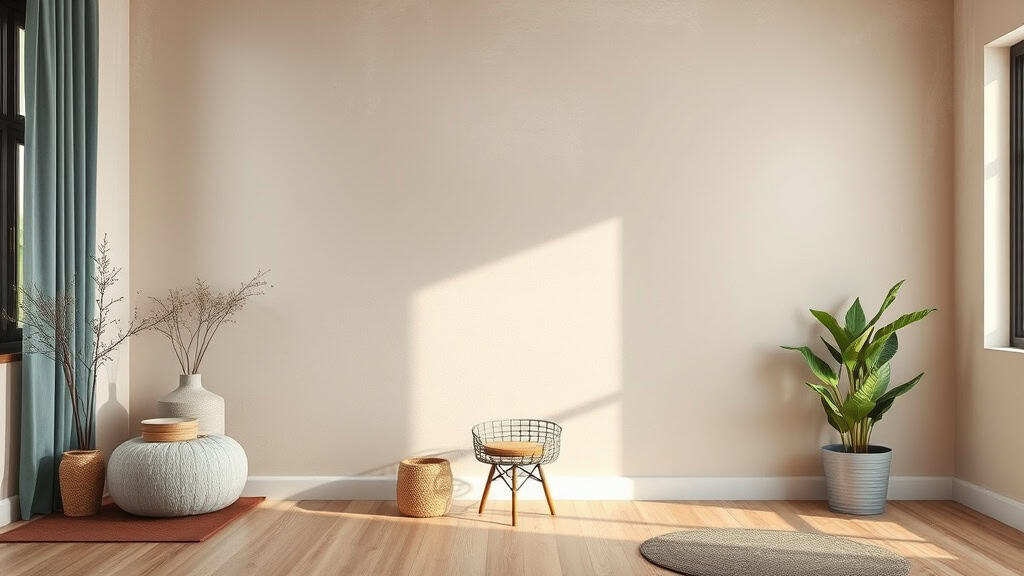 Vue d'un espace extérieur minimaliste avec un sol en bois, une grande plante verte en pot, et un mobilier simple, parfait pour un aménagement extérieur contemporain.