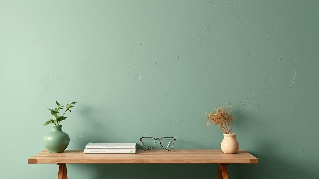 Vue d'un intérieur moderne avec une étagère en bois, décorée de plantes, livres et lunettes, dans un style épuré et contemporain.