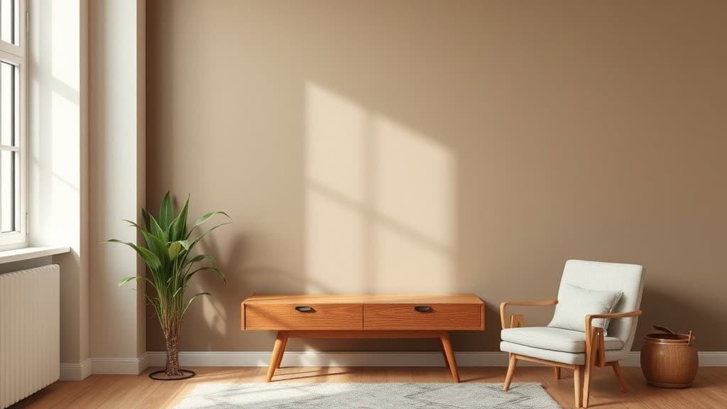 Espace intérieur moderne avec mobilier en bois naturel, fauteuil confortable et plante verte, lumière naturelle, ambiance chaleureuse et élégante.