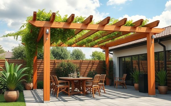 Pergola en bois pour espace extérieur avec mobilier de jardin.