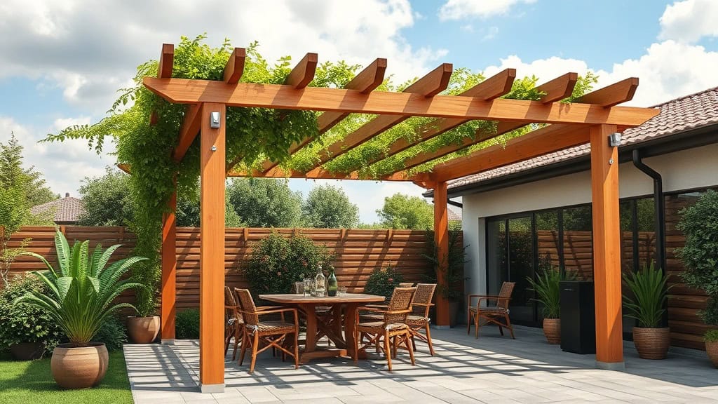 Pergola en bois pour espace extérieur avec mobilier de jardin.