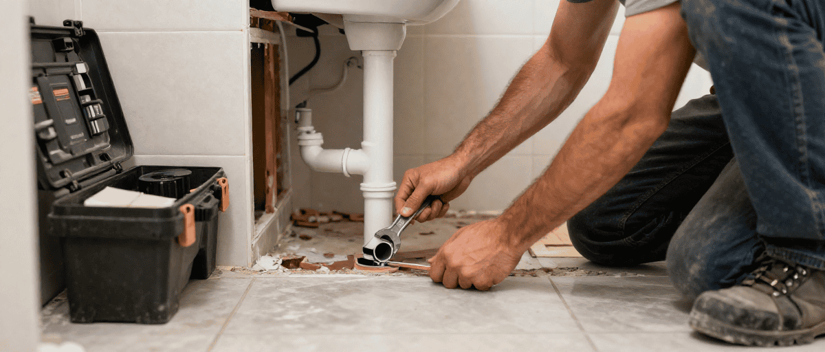 Artisan en train de réparer la plomberie sous un évier, utilisant des outils pour assurer une installation ou réparation efficace.