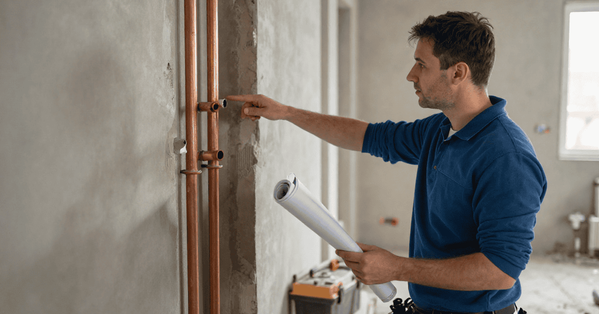 Technicien en plomberie vérifiant les tuyaux dans un bâtiment en construction.