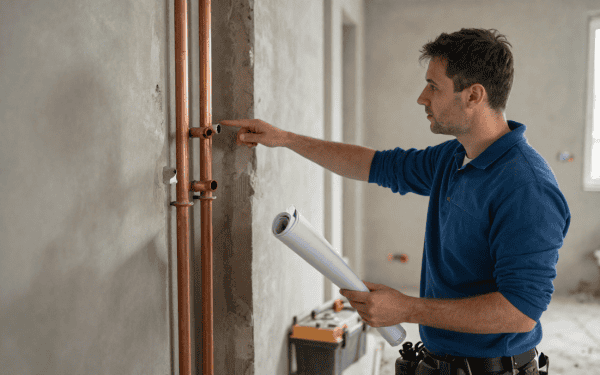 Technicien en plomberie vérifiant les tuyaux dans un bâtiment en construction.