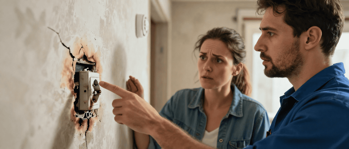 Baladeur électrique défectueux dans un mur intérieur.