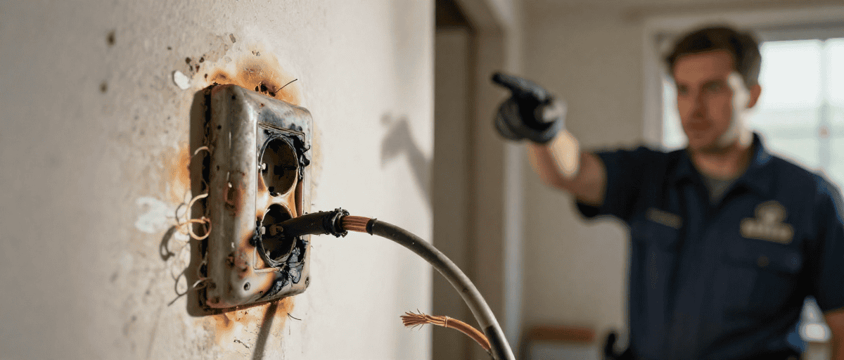 Électricien professionnel effectuant une mise à la terre dans un bâtiment résidentiel.