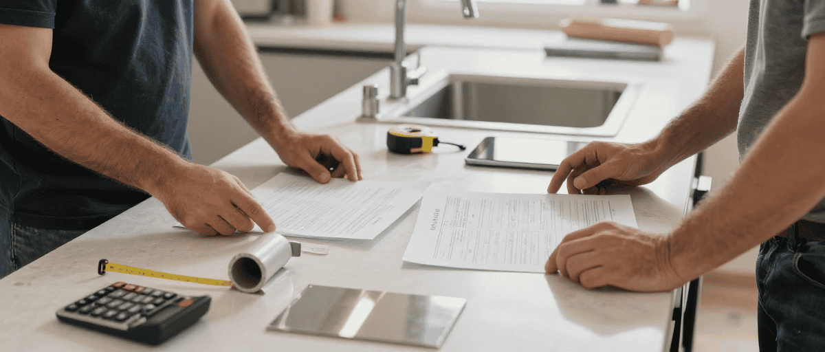 Deux personnes discutant de plans de construction extérieure sur un plan de travail, avec outils et documents, dans un environnement de cuisine moderne.