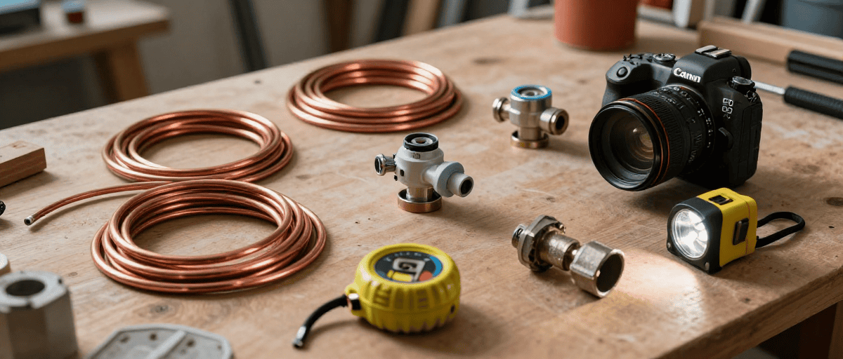 Éléments de plomberie, tuyaux en cuivre, raccords, outils, caméra thermique, lampe de poche, et caméra pour inspection.