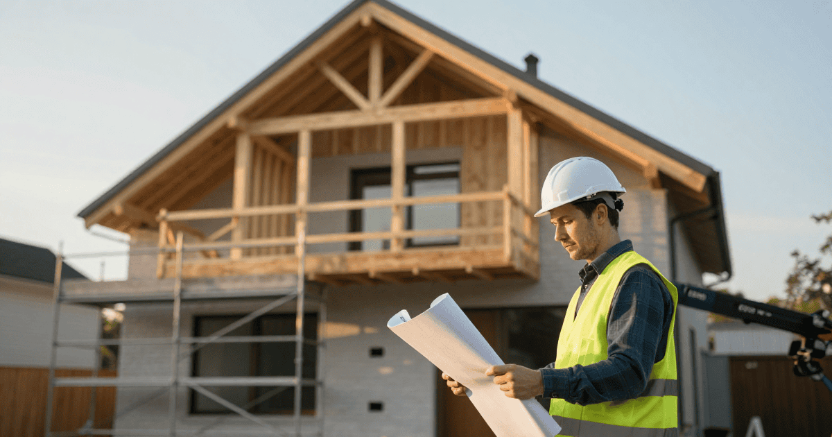 Constructeur de maisons en bois, professionnel de la construction, suivi de projet.