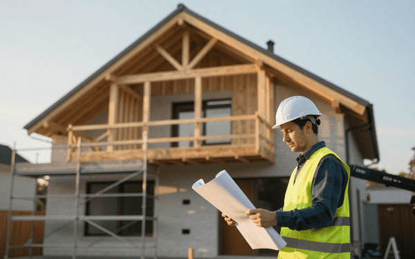 Constructeur de maisons en bois, professionnel de la construction, suivi de projet.