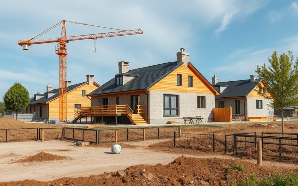 Travaux de construction extérieure, maisons neuves, aménagement paysager, et infrastructures pour projets résidentiels.
