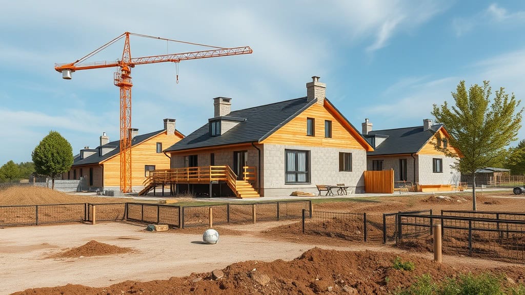 Travaux de construction extérieure, maisons neuves, aménagement paysager, et infrastructures pour projets résidentiels.