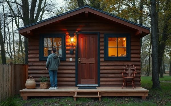 Une cabane en bois rustique avec porte en bois et fenêtres à double vitrage, située dans un environnement naturel avec arbres et pelouse.