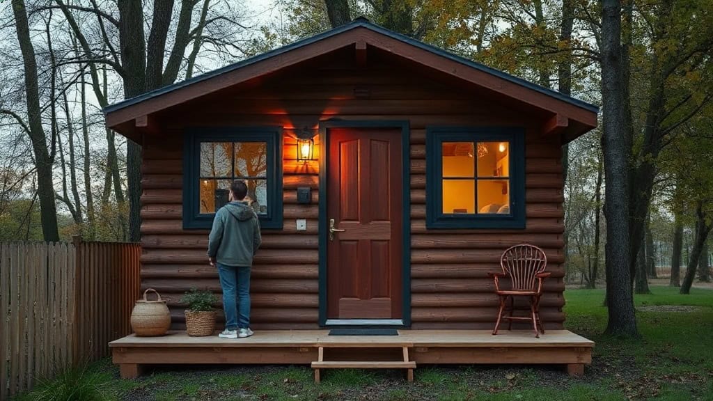 Une cabane en bois rustique avec porte en bois et fenêtres à double vitrage, située dans un environnement naturel avec arbres et pelouse.