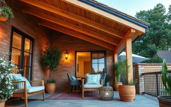 Balcon en bois avec mobilier de terrasse confortable et plantes vertes.