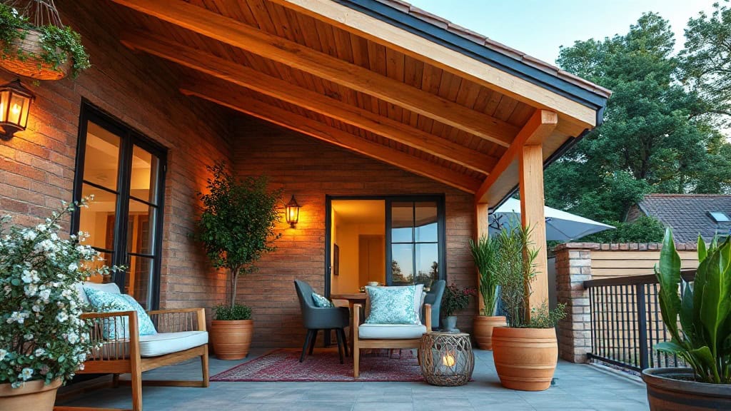 Balcon en bois avec mobilier de terrasse confortable et plantes vertes.