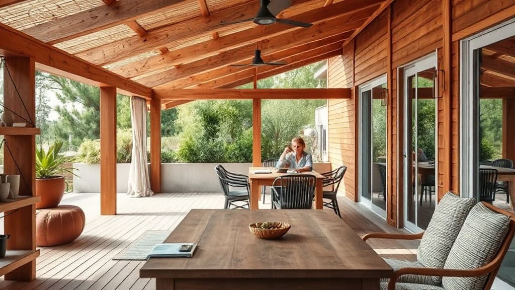 Balcon en bois avec espace détente et table à manger extérieure.