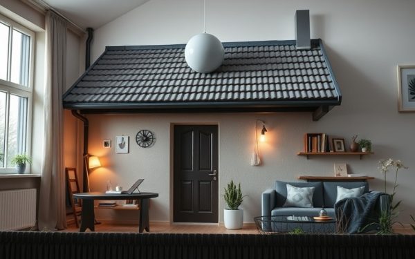 Panneau de maison intérieure avec cheminée moderne, mobilier contemporain, étagères en bois, plantes vertes, et décoration minimaliste, créant un espace chaleureux et accueillant.