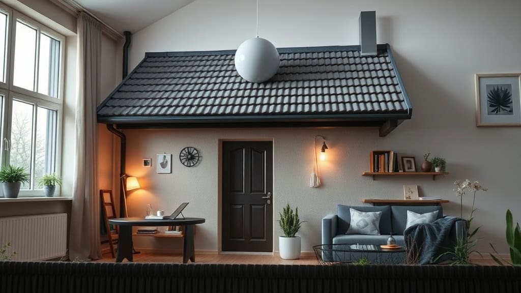 Panneau de maison intérieure avec cheminée moderne, mobilier contemporain, étagères en bois, plantes vertes, et décoration minimaliste, créant un espace chaleureux et accueillant.
