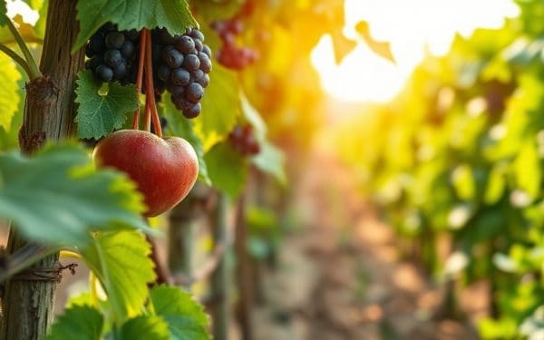 Vigne avec grappes de raisin noir et pomme rouge, sous un soleil d'automne, dans un vignoble.