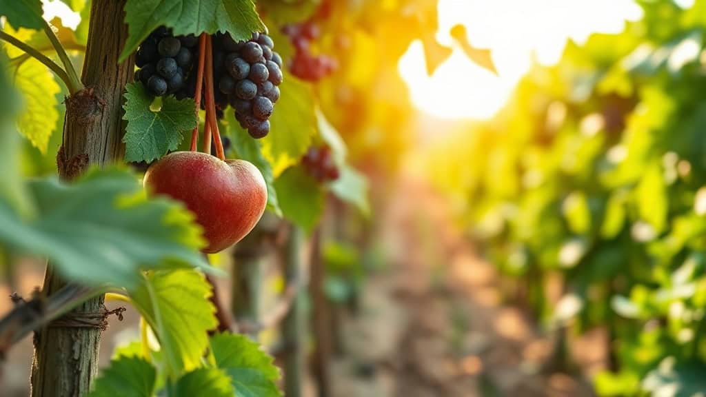 Vigne avec grappes de raisin noir et pomme rouge, sous un soleil d'automne, dans un vignoble.