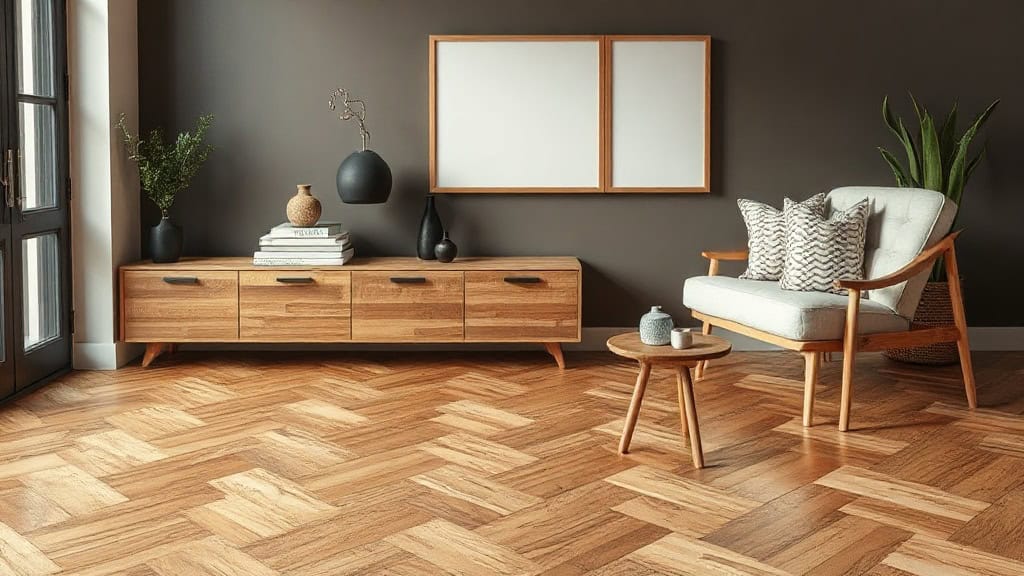 Balcon intérieur avec mobilier en bois et décoration élégante.