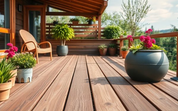 Balcon en bois avec mobilier et plantes florales pour espace extérieur.