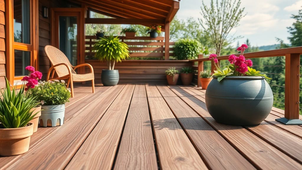 Balcon en bois avec mobilier et plantes florales pour espace extérieur.