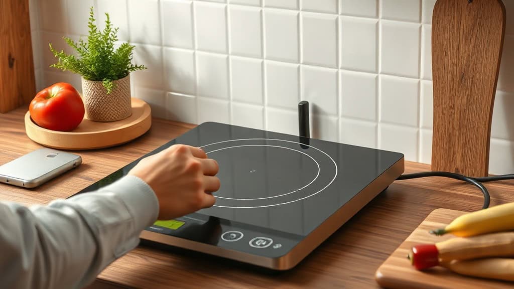Plaque de cuisson électrique moderne avec surface en verre noir, idéale pour la cuisine extérieure ou intérieure, offrant une cuisson efficace et sécurisée.